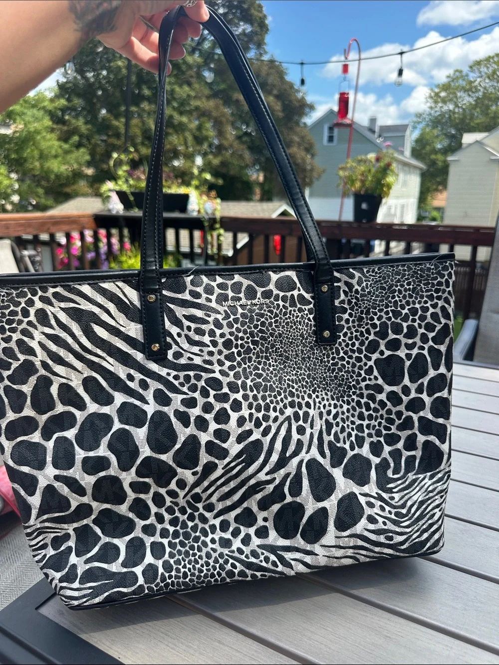 MICHAEL KORS Black and White Animal-Print Tote